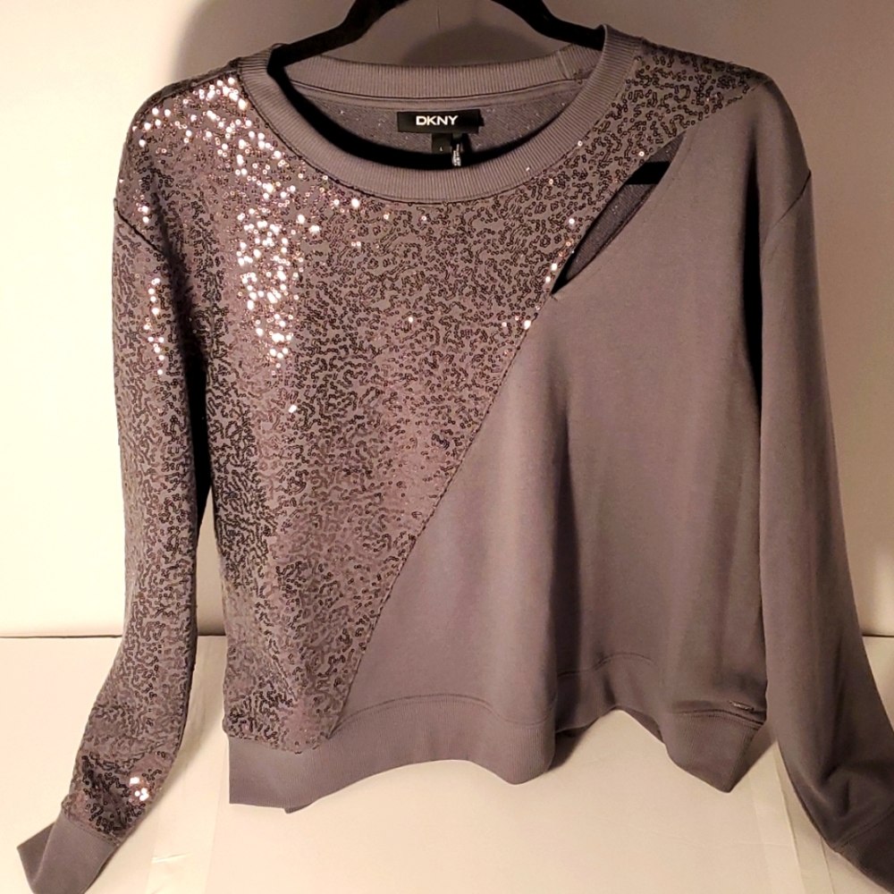 DKNY Sequin Sweatshirt Womens Size L Grey NEW